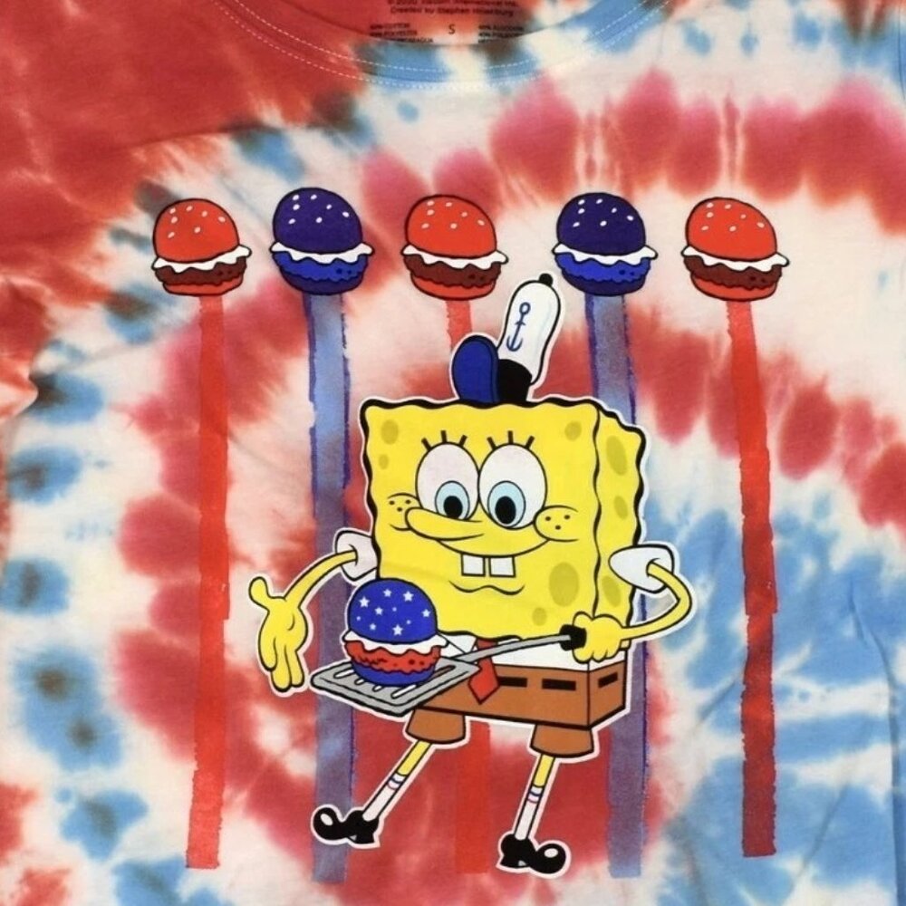 Spongebob Squarepants Juniors America Burgers Patriotic Tie Dye Shirt New - Picture 4 of 4